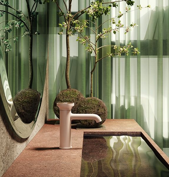 Gessi single hole Origini lavatory faucet in bathroom setting with sink